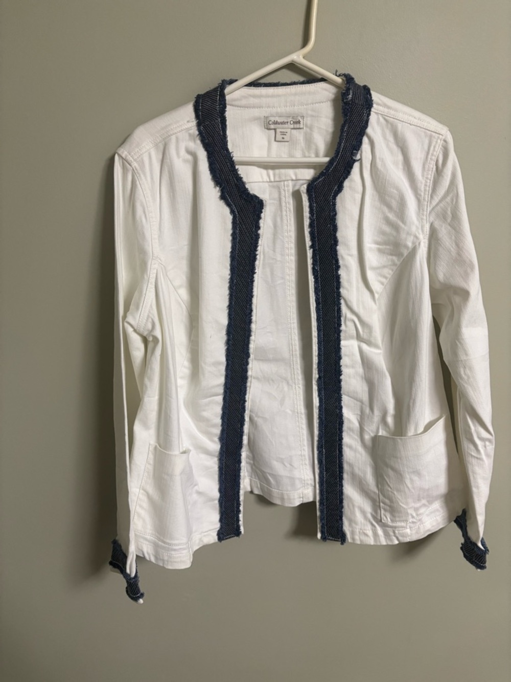 Coldwater Creek Embellished Open Front White Denim Jean Jacket Size 16 XL New